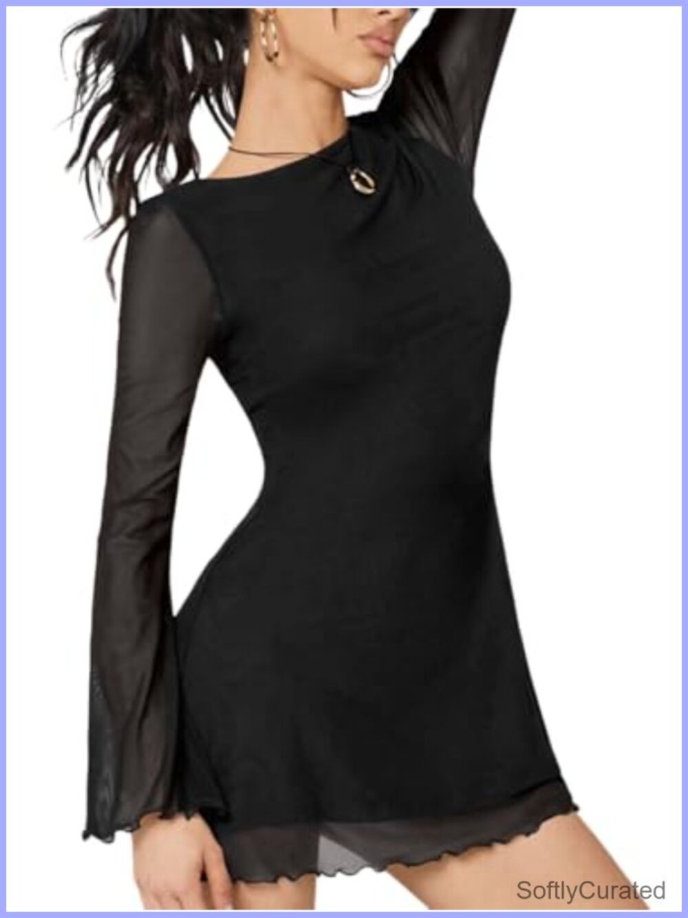 Bell Sleeve Sheer Mesh Mini Dress Crew Neck Bodycon Party Club